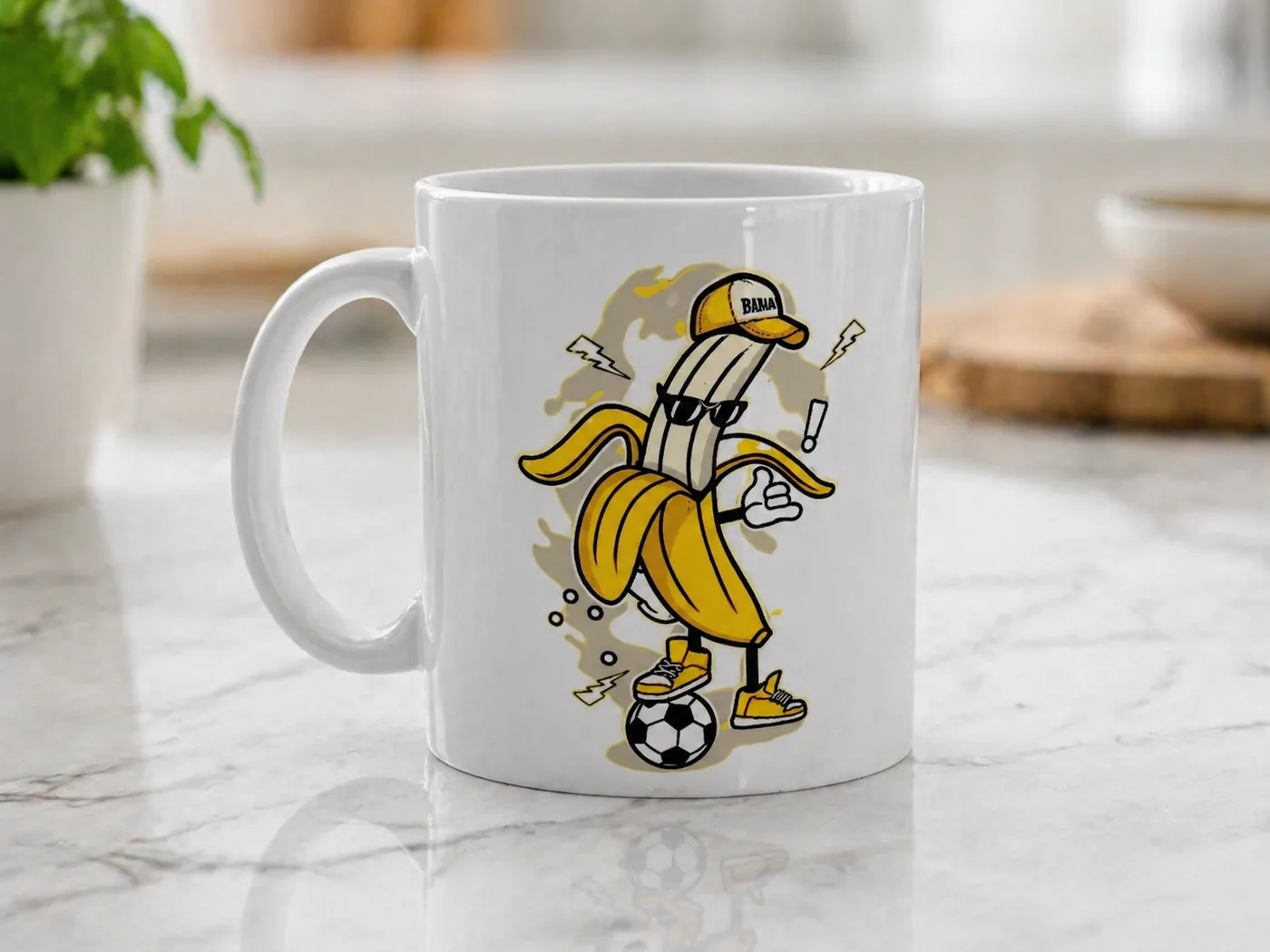 Custom mug featuring a banana playing soccer
