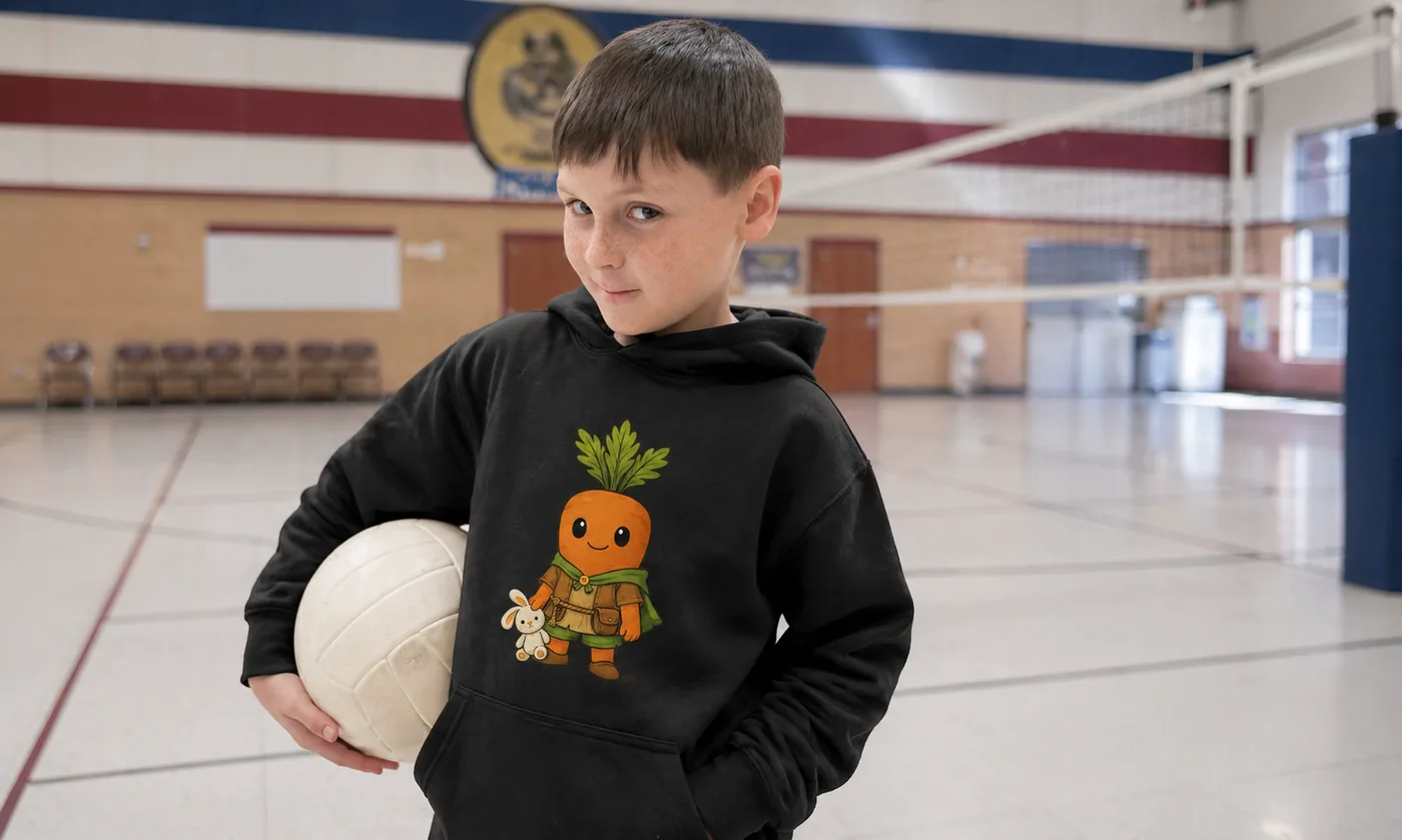 Black custom hoodie with a cartoon carrot character