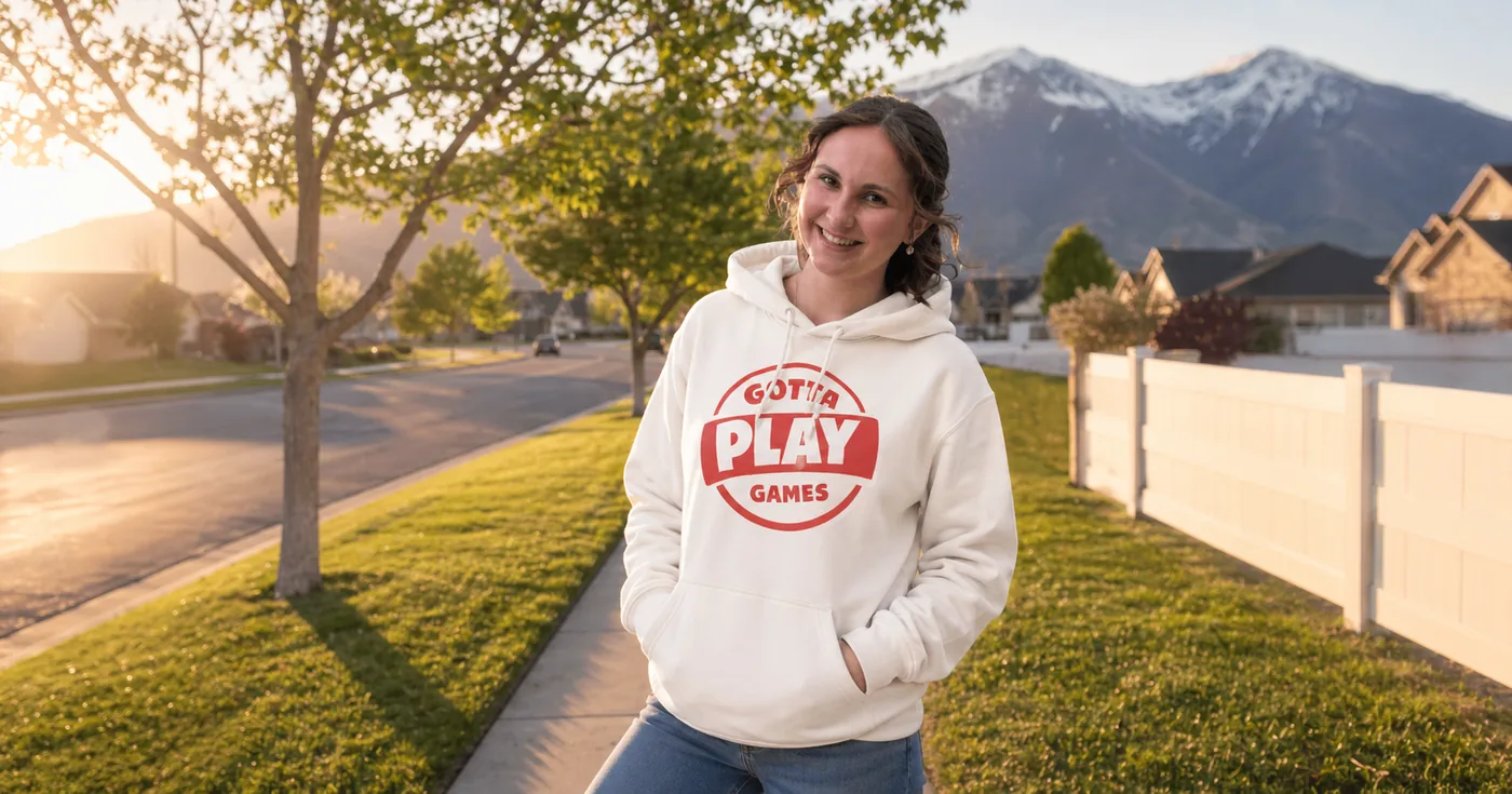 White custom hoodie with a 'Gotta Play Games' logo
